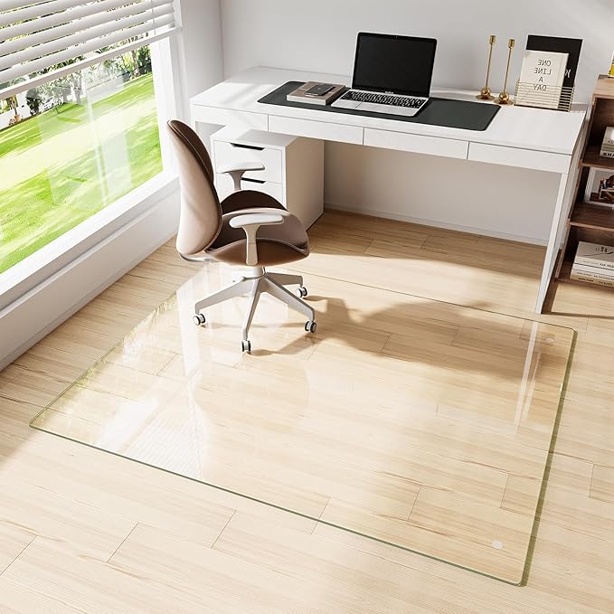 FlyEcho Glass Chair Mat 51" x 63" Heavy Duty Tempered Glass Office Chair Mat, Glass Floor Mat with Round Corner and Polished Edge for Smooth Glide, Carpet Hardwood Floor Protector