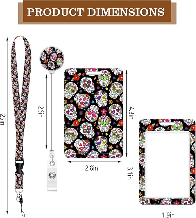 BLOCIT ID Badge Holder with Lanyard - Fashionable ID Card Holders with Retractable Lanyards - Soft Fiber Metal Clip Sturdy Buckle for Key Wallet - Work Nurse Teacher (Skull Skeleton Floral)