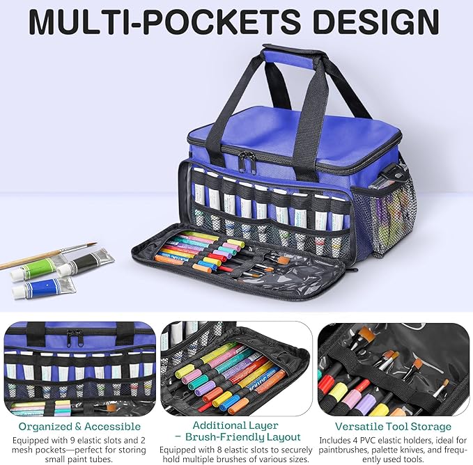 ORKELS Craft Paint and Marker Organizer, Acrylic Paint Storage Bag with Brush and Bottle Holders, Large Marker Carrying Case for Artists (Purple)