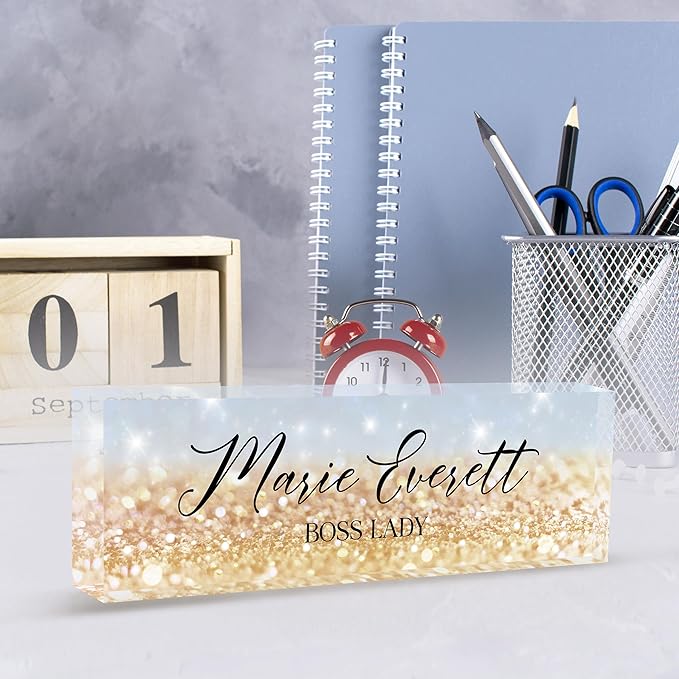 Custom Name Plate for Desk | Personalized Boss Employee Appreciation Gifts | Acrylic Office Accessories (A-Blue Gold Crystal)