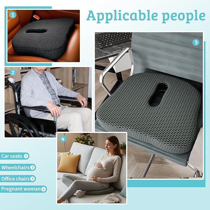 Cut-Out Seat Cushion – TPU Pressure Relief Pad with Center Hole for Tailbone & Hip Support, Breathable & Washable for Office, Car, Wheelchair Use (Gray)