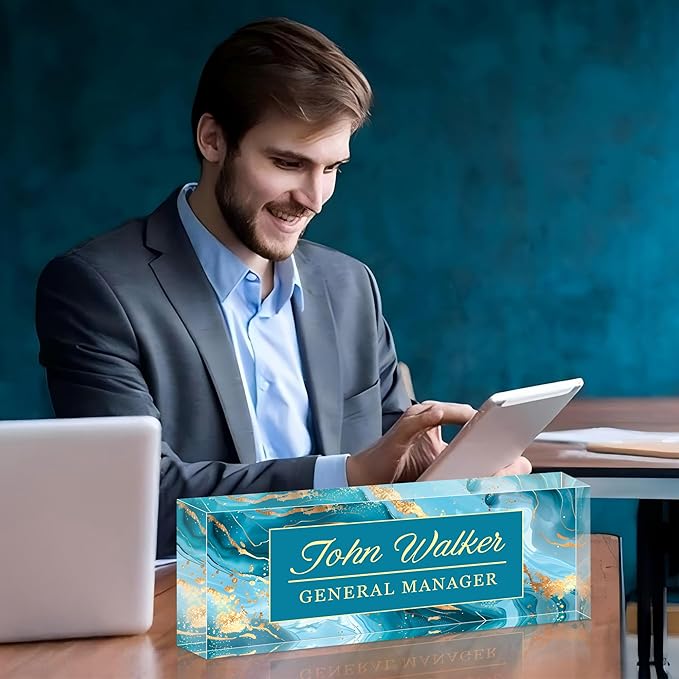 Personalized Name Plate for Desk, Custom Acrylic Desk Name Sign, Office Appreciation Gifts for Women Men Coworkers Boss Teacher Employee (Blue Marble)