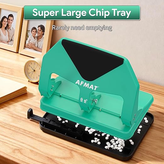 AFMAT Heavy Duty 3 Hole Punch, 50-Sheet Capacity, 50% Reduced Effort Three Hole Puncher for Binder, 10K+ Uses, Large Chip Tray, Adjustable Paper Guide, Office Metal Paper Puncher 3 Ring HP20(Green)