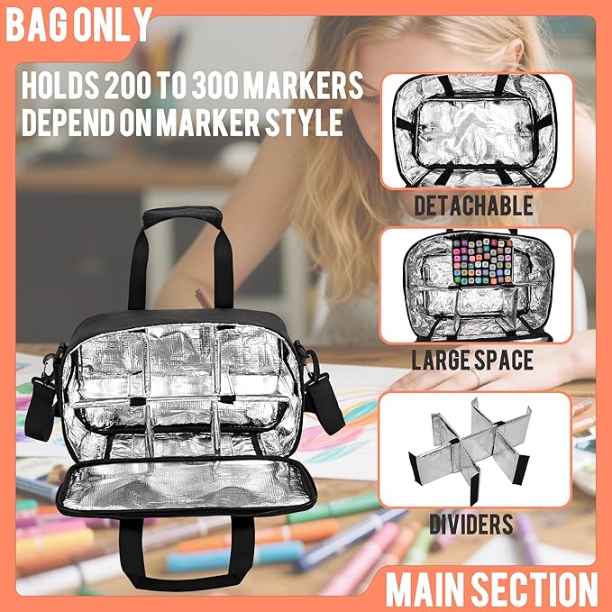 Marker Organizer Case with Shoulder Strap for 180-300 Markers, Large Marker Organizer Bag with Detachable Divider for Adults, Marker Travel Holder Case Bag for Various Markers, Black