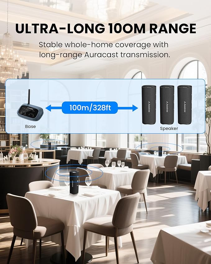 Avantree Harmony A1 – Auracast Multi-Room Wireless Speaker with 100 m Coverage, 3 EQ Stereo Sound, Expandable System, Easy Setup, Bluetooth/Opt/AUX Input for Music, Parties & House Gatherings