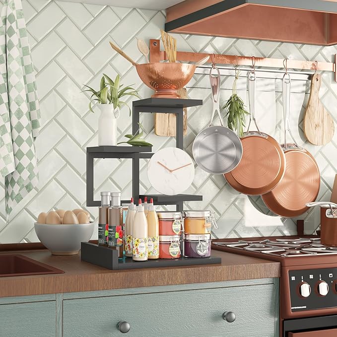 YMYNY Desktop Shelf Organizer, 4 Tier Storage Display Rack, Desk Shelf Organizer Small Bookshelf with Metal Frame for Office, Books, Plants, 12.2" x 9.45" x 17.52", Black UHSR007B