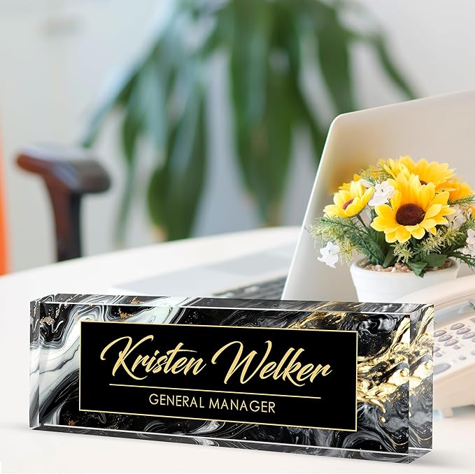 Custom Desk Name Plate Personalized, Acrylic Name Plates for Desk, Office Decor Personalized Gifts for Teacher Coworkers Boss Nurse (Black Gold Marble)