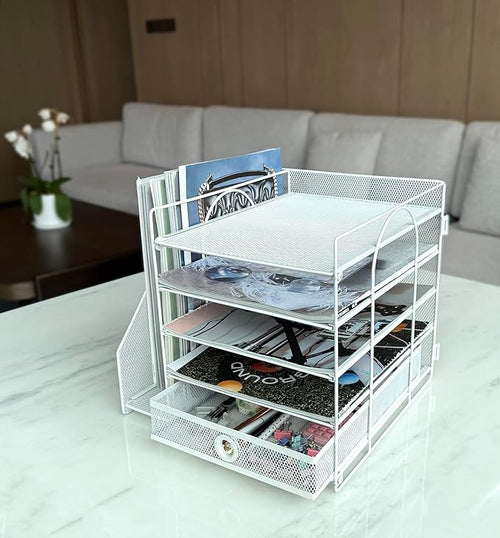 5-Tier Paper Letter Organizer with File Holder, Desk Organizer with Drawer, Mesh Desktop Storage with Magazine Holder for Office Supplies (White)