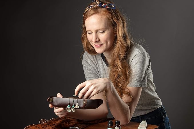 American Made Premium Leather Valet Tray, Folds Flat! Dice Rolling Basket and Organizer with Brass Rivets (Dark Walnut Brown, Medium)