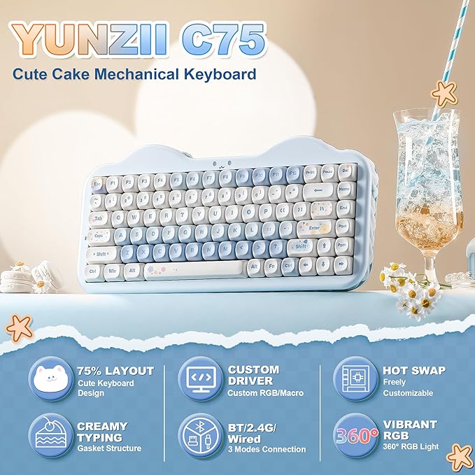 YUNZII C75 Wireless Mechanical Keyboard,75% Layout, Hot-Swappable NKRO,BT5.0/2.4G/USB-C Mode,Dye-Sub PBT MOA Keycaps,RGB Gasket Mount,Cute Cake Design for Mac/Win/Gaming (Blue, Milk V2 Switch)