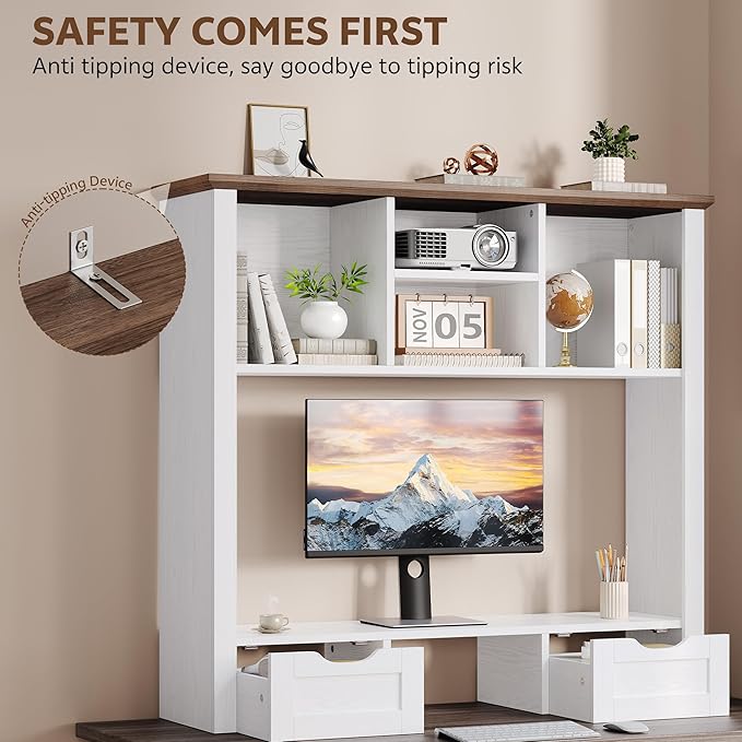 Desktop Bookshelf with Computer Monitor Stand, 37.4''W Desk Shelf Display Rack, Desktop Organizer Storage Rack with 4 Cubbies and 2 Drawers, 5-Tier Desk Hutch for Home, Office, Dorm, Vanity