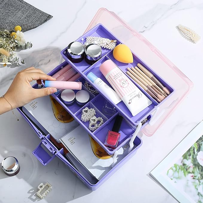 12'' Three-Layer Clear Plastic Storage Box/Tool Box, Multipurpose Organizer and Portable Handled Storage Case for Art Craft and Cosmetic (Purple)