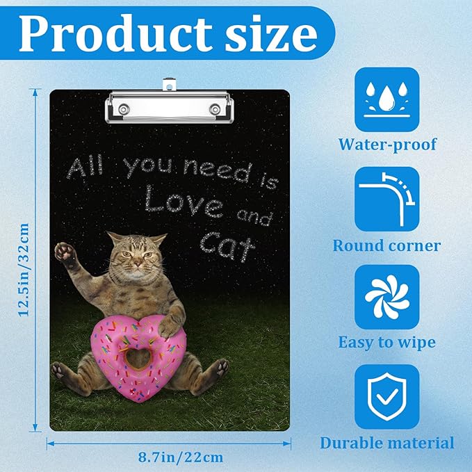 Funny Cat Heart Donut Clipboard Decorative Clip Board with Metal Clip A4 Standard Size 12.5" X 8.7" for Teacher Students Nurses Office