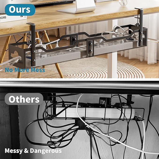 Under Desk Cable Management Tray Black, Litwaro Cable Management Under Desk No Drill, 25'' Cable Tray with Clamp for Wire Management, Cord Organizer for Office, Home - No Damage to Table
