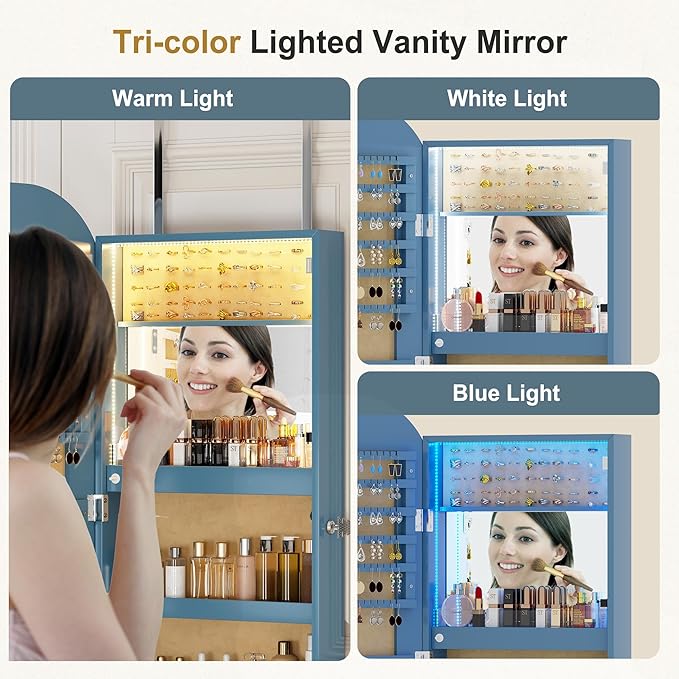 HNEBC LED Mirror Jewelry Cabinet,Wall or Door Mounted Jewelry Armoire Organizer with Lights,Lockable Wide Wavy Mirror with Storage,42.5" L Full Length Mirror with Jewelry Storage,Interior Mirror