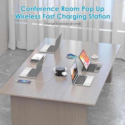 Pop Up Outlet with 15W Wireless Charger, 4 AC Outlets & PD 20W USB Fast Charging, 4.75 inch Desk Hole Power Grommet Connect 6FT Cord for Office, Conference, Kitchen Use(ETL & FCC Listed)