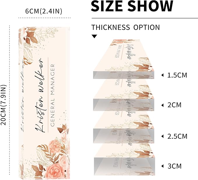 Desk Name Plate Personalized, Custom Name Plates for Desks, Office Desk Decor, Flowers Style Clear Acrylic Glass Block, Personalized Office Gifts for Women Men Boss Teachers Coworker Appreciation Gift