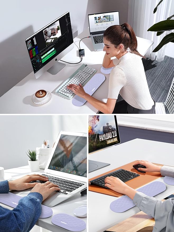TopMade Upgraded Wider Wrist Rest Set, Soft Memory Foam Keyboard Hand Rest Pad, Computer Ergonomic Keyboard Mouse Wrist Support for Typing Pain Relief, Comfort for Office, Gaming, Study, Purple