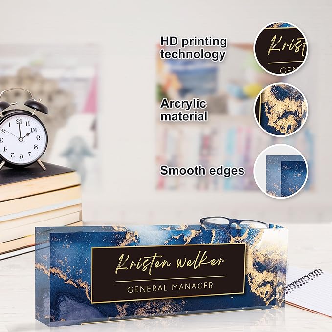 Personalized Office Name Plate, Custom Name Plate for Desks, Office Desk Decorations Gift for Women Men, Acrylic Desk Name Plate for Teacher Coworkers Staff Boss (Blue Marble)