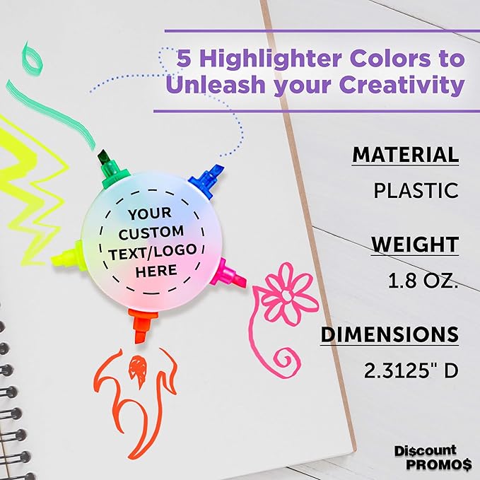 DISCOUNT PROMOS Custom Highlighters Set of 10/50/100, Personalized Bulk Pack Durable Chisel Tip Textbook Highlighters Handy and Easy to Store - Flower