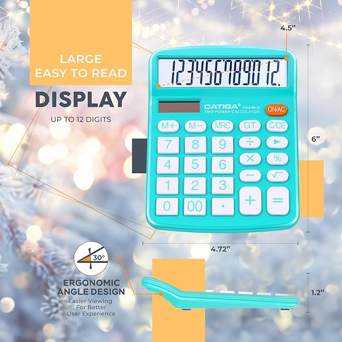 CATIGA Desktop Calculator (2 Pack) 12 Digit with Large LCD Display and Sensitive Button, Solar and Battery Dual Power, Standard Function for Office, Home, School, CD-2786 (Light Blue/Light Pink)