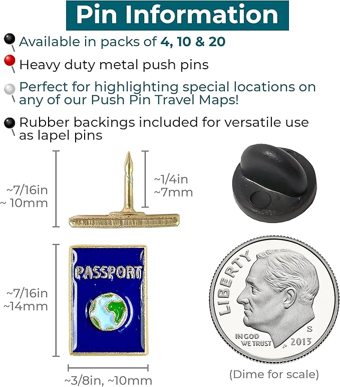 Passport Push Pins - Metal Passport Map Pins - For Cork Board, Maps, or Lapel Pin Use - Designed in USA - Set of 20
