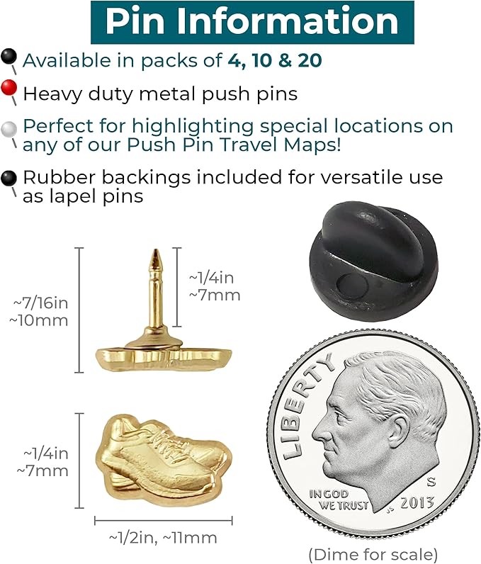 Sneaker Push Pins - Gold Running Shoe Pins - for Cork Board, Maps, or Lapel Pin Use - Designed in USA - Set of 4