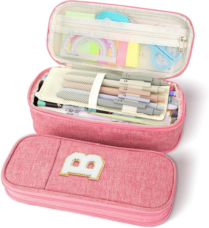 Large Capacity Pink Pencil Case, Cute Pencil Case Pencil Pouch with Zipper For Girls Women, Expandable Preppy Pencil Bag Large Storage High Capacity Bag Organizer for School Home Office Supplies, B