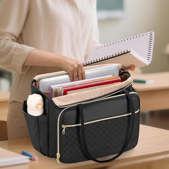 LUXJA Teacher Tote Bag with Accordion File Pocket, Teacher Bag for Women with 15.6 Inch Laptop Compartment, Black