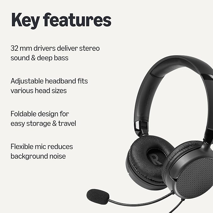 Amazon Basics On Ear Wired Computer Headset with Adjustable Microphone, 3.5mm Port or in Line Control with USB-A Port, Foldable, Small/Medium Size, Black