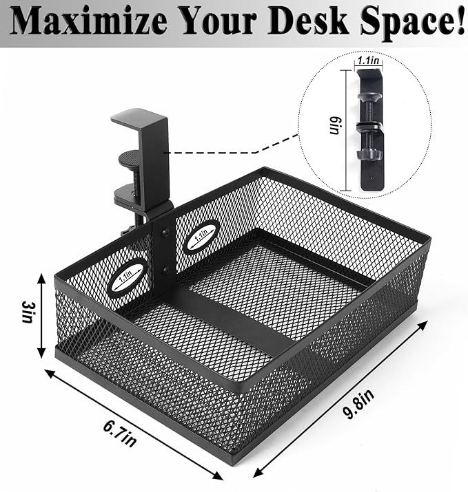 Under Desk Organizer with 360° Swivel, Clamp-On No Drill Installation, Sturdy Mesh Storage Drawer for Home Office, Pencils, Art Supplies and More (Black)