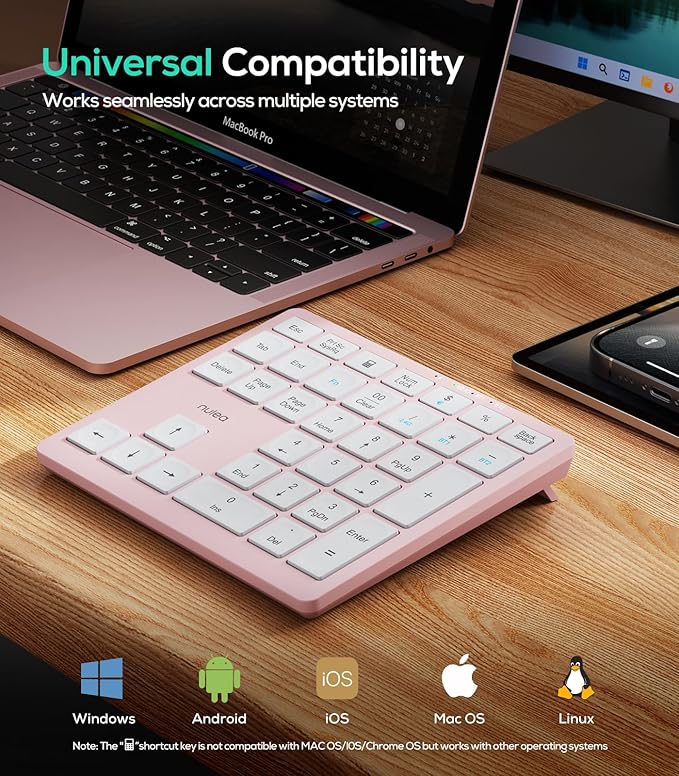 Nulea Wireless Number Pad Bluetooth 5.0 & 2.4G Portable Numeric Keyboard, USB-C Rechargeable, 34-Keys Bluetooth Keyboard for Data Entry (Pink)