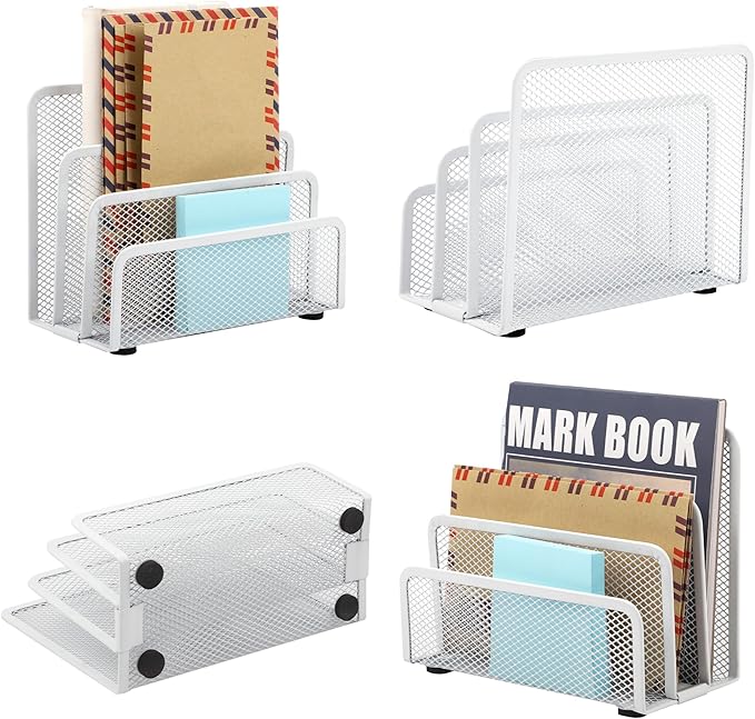 EASEPRES Desk Mail Organizer, Office Small Desktop Metal Mesh Envelope Letter Sorter Paper File Holder Organizer with 3 Vertical Upright Compartments, White 1 Pack