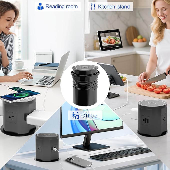 Pop Up Outlet for Countertop with 15w Wireless Charger, 4.7-Inch Pop Up Outlet with 4 Outlets and 2 USB-A, 1 USB-C, Pop Up Power Outlet for Kitchen Countertop, Conference Room, Study Room (Black)