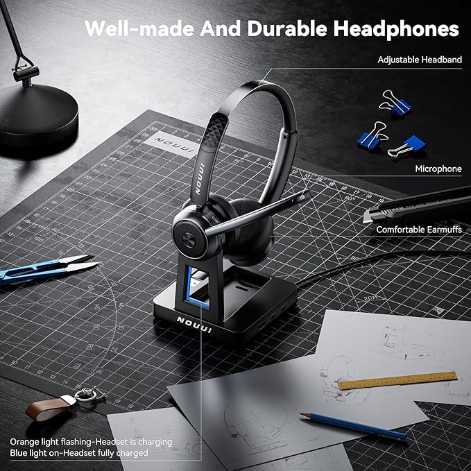 Wireless Headset with Mic for Work, Wireless Headphones with Mic(Noise Cancelling), Bluetooth Headset with Microphone, Mute Button & Charge Base for Work from Home/PC/Call Center/Computer/Zooms/Teams