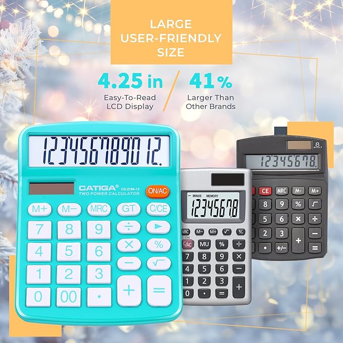 CATIGA Desktop Calculator (2 Pack) 12 Digit with Large LCD Display and Sensitive Button, Solar and Battery Dual Power, Standard Function for Office, Home, School, CD-2786 (Light Blue/Light Pink)