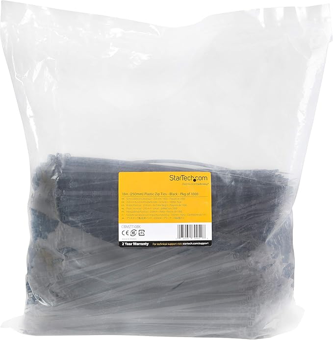 StarTech.com 10"(25cm) Cable Ties - 1/8"(4mm) Wide, 2-5/8"(68mm) Bundle Diameter, 50lb(22kg) Tensile Strength, Nylon Self Locking Zip Ties w/Curved Tip - 94V-2/UL Listed, 100 Pack - Black, TAA