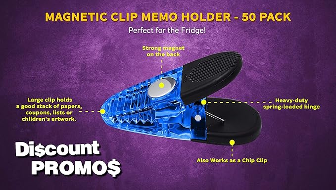 50 Magnetic Memo Holders Set - Customizable Text, Logo - Large Clip, Plastic - TBlue