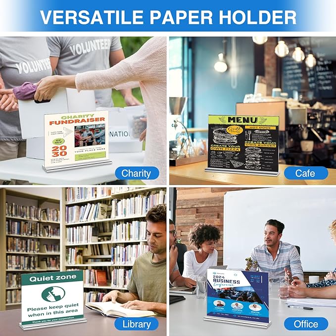 10 Pack Acrylic Sign Holder 8.5 x 11 Horizontal, Double-Sided Stand up Table Top Sign Holders, Clear Acrylic Picture Frame Menu Flyer Paper Holder Display Stand for Office Business Store Wedding Party