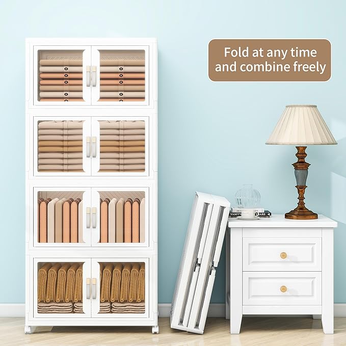 Large Clear Stackable Storage Bins with Lids, 597QT-99.5QT*6Tier Foldable Cabinet for Closet Organizers, Plastic Storage Box with Wheels White