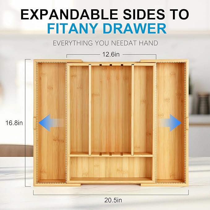 Bamboo Expandable Silverware Organizer - Adjustable Cutlery Tray with 3 Removable Dividers & 5 Tracks, Drawer Organizer for Utensils, Stationery, Tools (12.6" to 20.5")