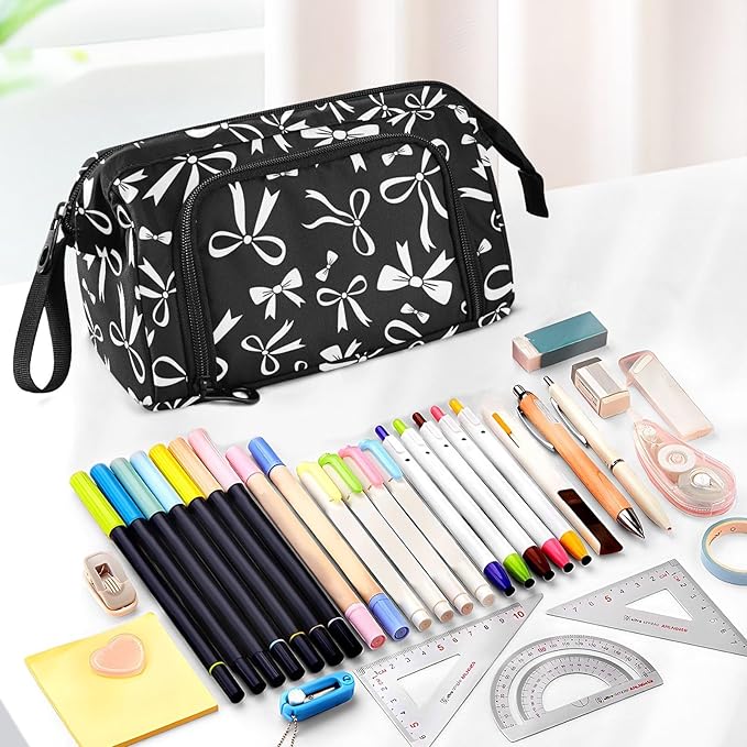 Bow Black Pencil Case Pouch Big Capacity Pencil Bag Box Organizer Pen Case with Compartmens Stationery Organizer for Girls Boys Women School College Office