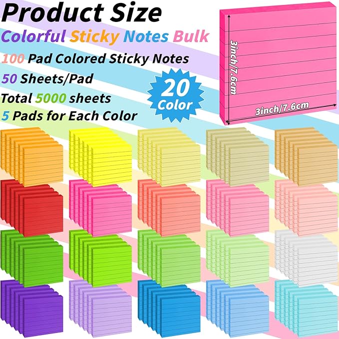 100 Pack Lined Sticky Notes Bulk 3 x 3 In Self-Stick Note Pads Colorful Posted Note in 20 Colors Adhesive Paper Memo 50Sheets/Pad Easy to Post for Office Home School Meetings Notebook Wall Door Window