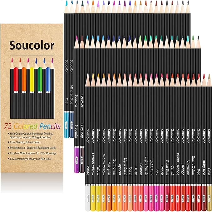 Soucolor 72-Color Colored Pencils for Adult Coloring Books, Soft Core, Back to School Supplies, Smooth Coloring Pencils for Kids Sketching, Drawing, Blending, Shading, Arts & Crafts Supplies Gift