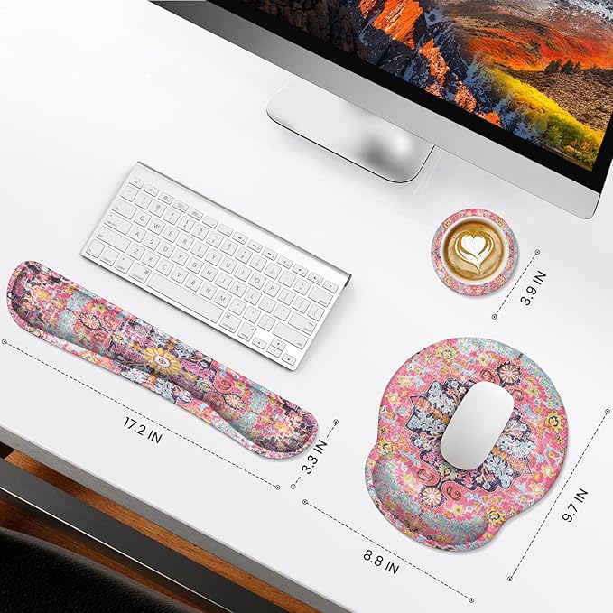 iLeadon Ergonomic Mouse Pad Set with Wrist Rest, Boho Design, Easy Typing & Pain Relief, Non-Slip Base for Home, Fuchsia