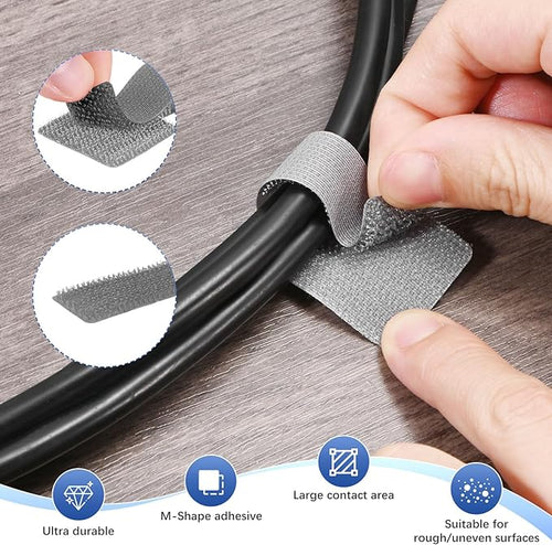 40-Pack Hook and Loop Cable Ties, 3.5 x 1.1 Inch Enhanced Self-Adhesive Cord Organizer for Desk/Home/Wall/Office Essentials, Cable Management Under Desk [Gray]
