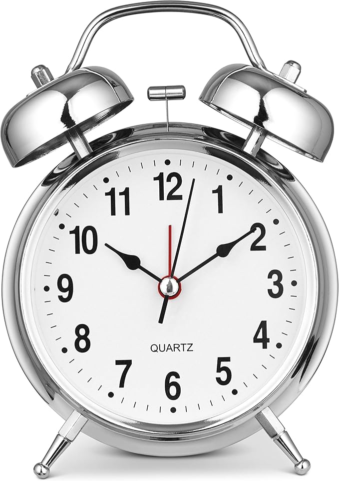 Bernhard Products Analog Alarm Clock Twin Bell 4" Silver Metal Extra Loud Quartz Battery Operated with Backlight Silent Non-Ticking for Bedside Desk Vintage Retro Antique Decorative Old School, Chrome