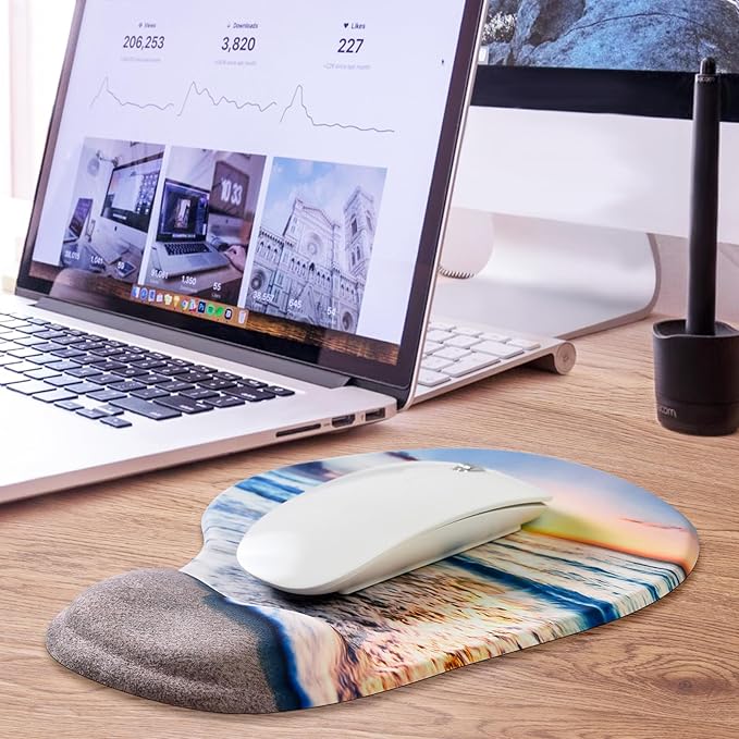 JIKIOU Mouse Pad, 2 Pack Ergonomic Mouse Pads with Comfortable Gel Wrist Rest Support and Smooth Cloth, Non-Slip PU Base for Easy Typing Pain Relief Durable and Easy to Clean Small Beach