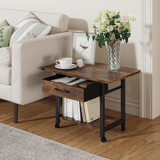 YAOHUOO Large Printer Stand with Storage Drawer, 2-Tier Under Desk Table for Home Office, Fits Fax Machine/3D Printer/Scanner (Brown)