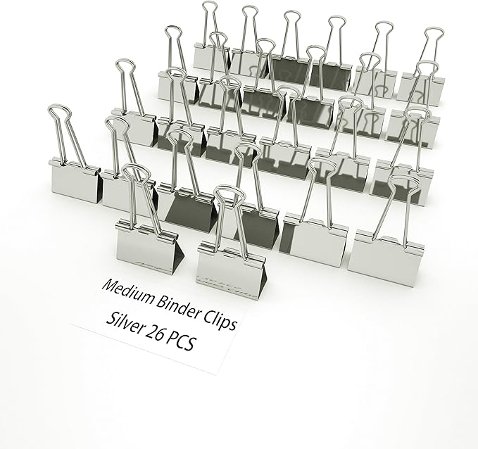 Nctinystore Binder Clips Medium Metal Clamp 1-1/4", 1.25 inch, 32 mm (Silver, 26-PCS)
